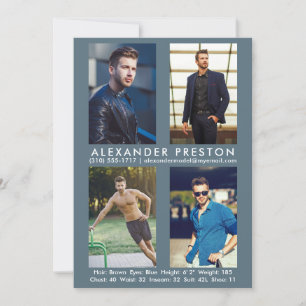 Convite Modelo Ator 4 Photo Comp Card 5x7 Cinza Azul