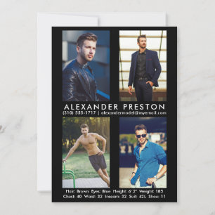Convite Modelo Ator 4 Photo Comp Card 5x7 Preto