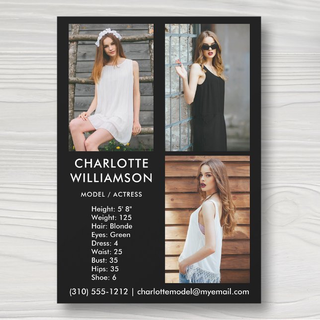 Convite Modelo Ator 5x7 Comp Card 3 Photo Black (Available in high quality print or digital download for quick messaging, email or self printing.)