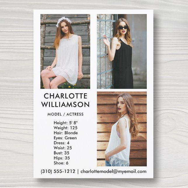 Convite Modelo Ator 5x7 Comp Card 3 Photo White (Available in high quality print or digital download for quick messaging, email or self printing.)