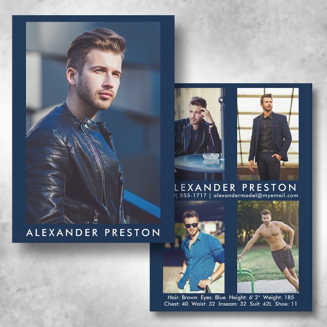 Convite Modelo Ator 5x7 Comp Card 4 Photo Back Blue (Available in high quality print or digital download for quick messaging, email or self printing.)