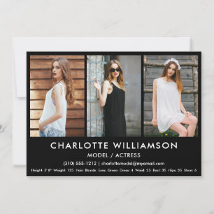 Convite Modelo Ator Comp Card 3 Foto 5 x 7 Preto