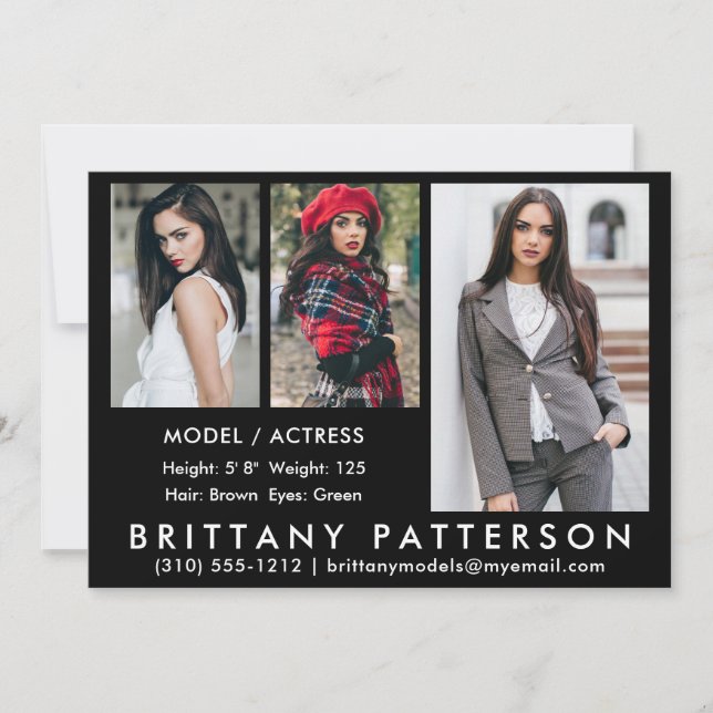 Convite Modelo Ator Comp Card 3 Photo Black 5x7 (Frente)