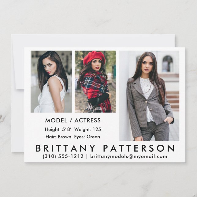 Convite Modelo Ator Comp Card 3 Photo White 5x7 (Frente)