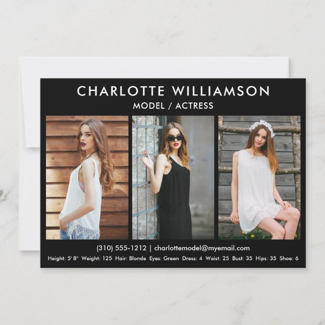 Convite Modelo Ator Comp Card 5x7 Black 3 Photo (Frente)