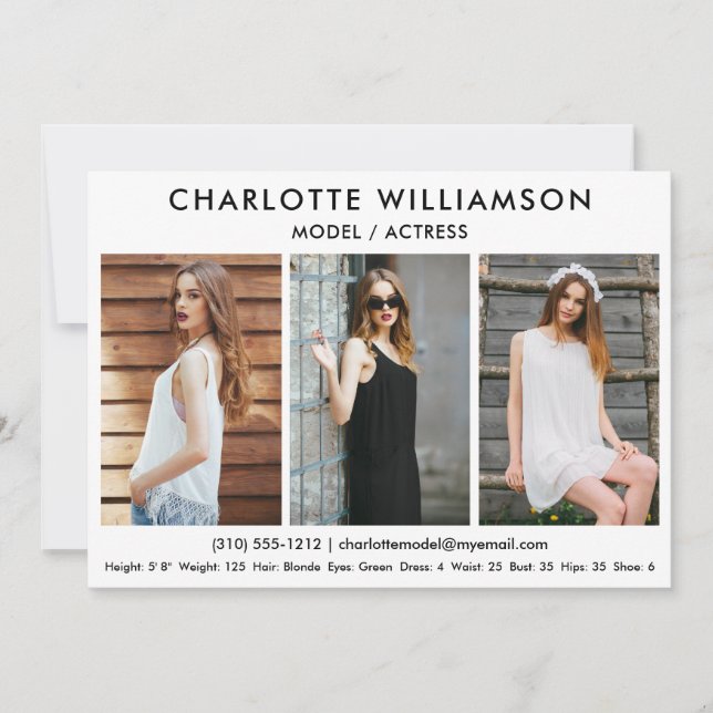 Convite Modelo Ator Comp Card 5x7 White 3 Photo (Frente)