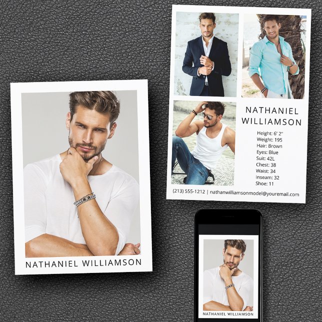 Convite Modelo Ator Modern Pro 4 Photo Comp Card (Customize to change background color, text size or text style. Available for prints and download.)