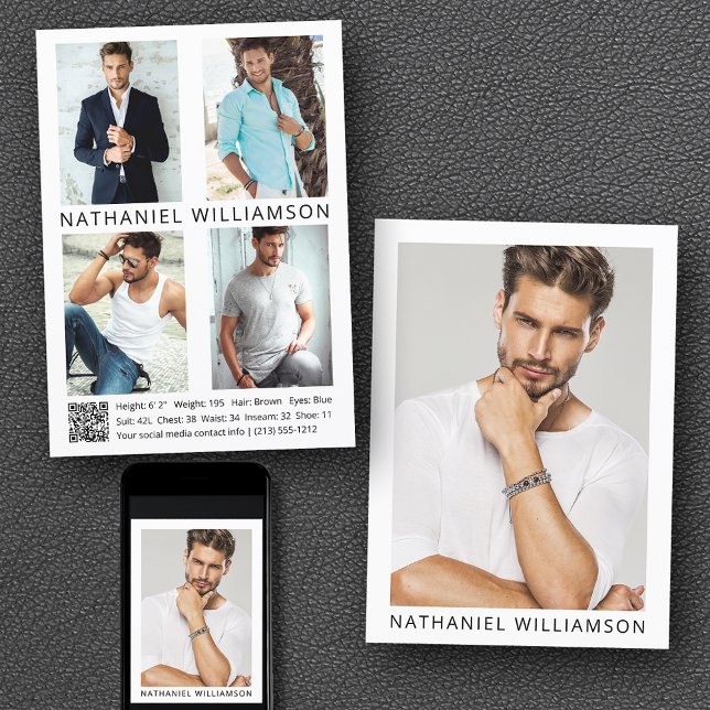 Convite Modelo Ator QR Code 5 Photo Pro Comp Card (Customize to change background color, text size or text style. Available for prints and download.)