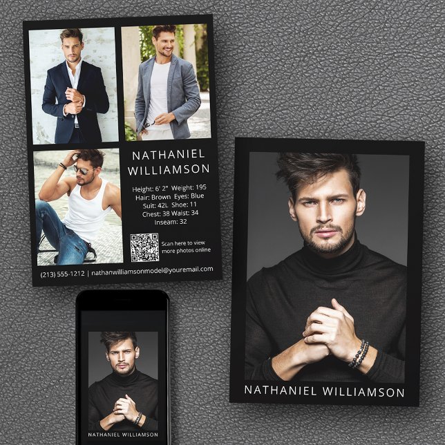 Convite Modelo Ator QR Código 4 Fotografias Pro Comp Card (Customize to change background color, text size or text style. Available for prints and download.)