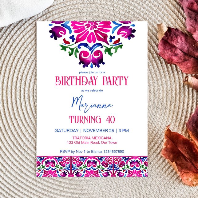 Convite Modelo azul-rosa azulejo mexicano (Pink blue Mexican Talavera tiles birthday party editable template invitation digital download)