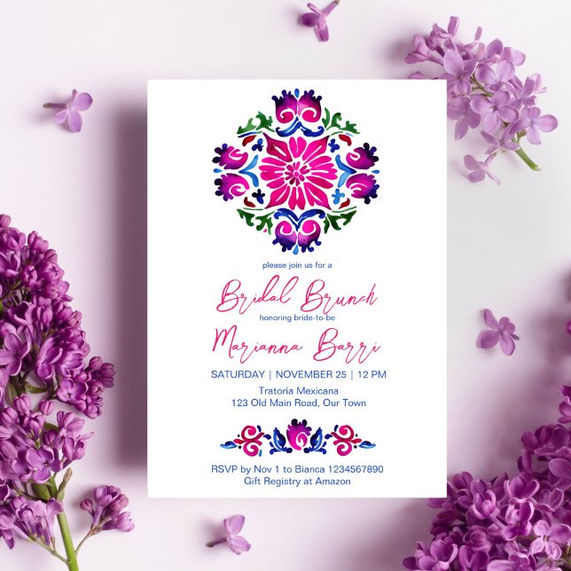 Convite Modelo azulejo azul-rosa dos chás de panela mexica (Mexican pink blue talavera tiles bridal brunch template invitation digital download Spanish bridal)