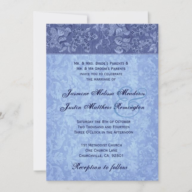 Convite Modelo Casamento tema damasco de  de tons azuis (Frente)
