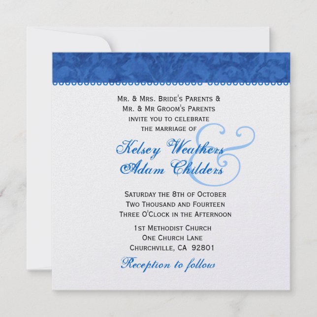 Convite Modelo Casamento tema damasco Real Azul e Branco (Frente)