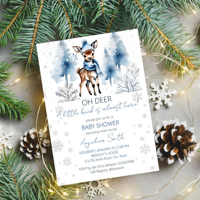 Convite Modelo chá de fraldas de cervídeos (Oh deer winter baby shower editable template digital download watercolor cute buck winter wonderland)