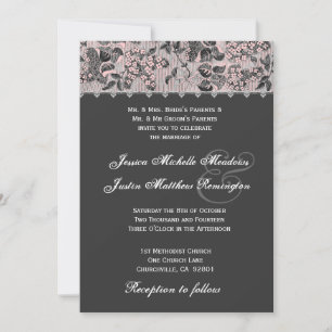 Convite Modelo Cinza de Casamento tema damasco de Vintage 