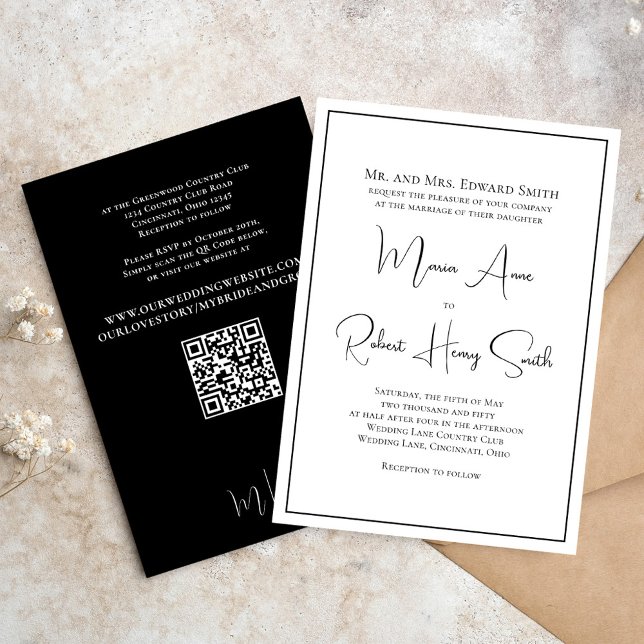 Convite Modelo Clássico Simples Elegante Preto e Branco (Black and white wedding invitation template with stylish calligraphy script. )