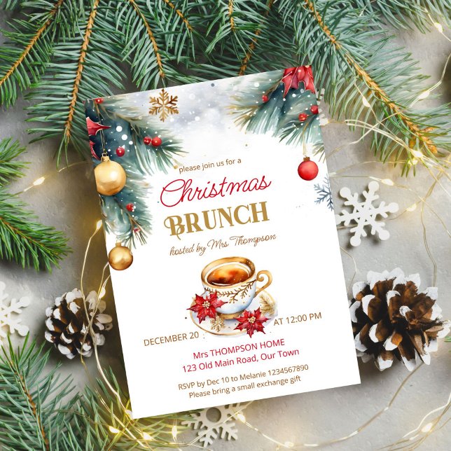 Convite Modelo da festa de brunch de Natal elegante (Elegant Christmas brunch tea party editable template invitation digital download watercolor pines)