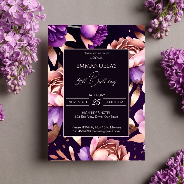 Convite Modelo de aniversário floral de rosa de ouro roxo  (Elegant purple rose gold peonies floral birthday editable template invitation digital download)
