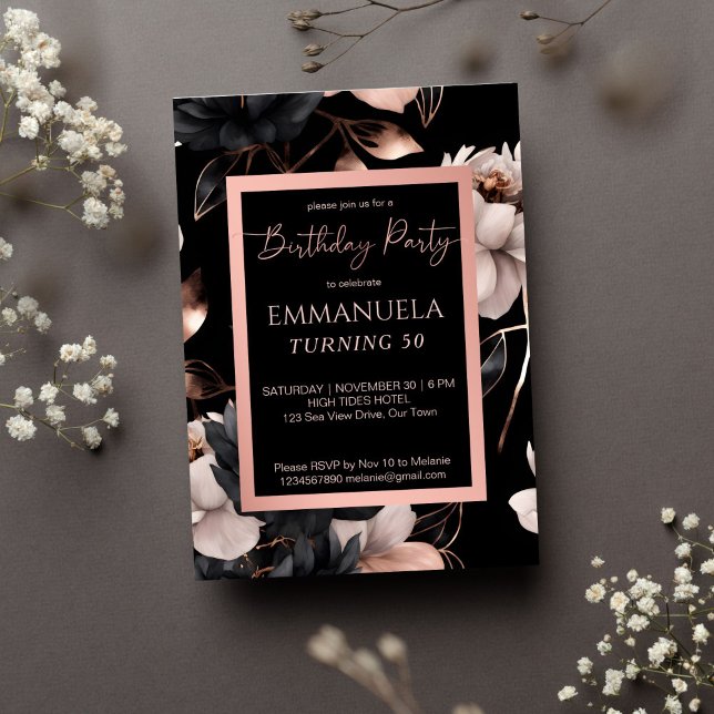 Convite Modelo de aniversário floral de rosa preto elegant (Elegant black rose gold floral birthday party editable template invitation digital download 50 party)