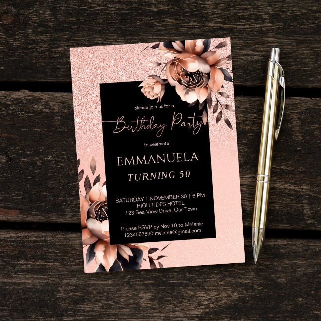 Convite Modelo de aniversário floral de rosa preto elegant (Elegant black rose gold floral birthday party editable template invitation digital download)
