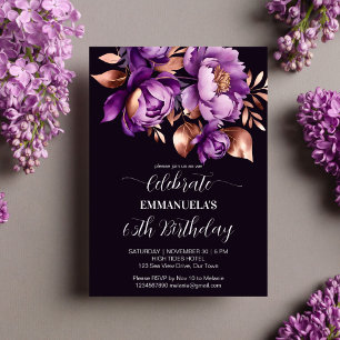 Convite Modelo de aniversário floral roxo elegante em dour