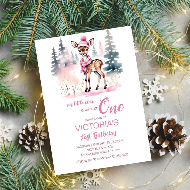 Convite Modelo de aniversário para garotas de inverno (Cute deer Winter girls birthday party editable template invitation digital download watercolor)