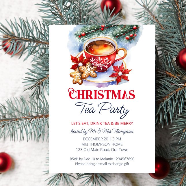 Convite Modelo de aquarela da festa de chá de Natal (Christmas tea party editable template invitation digital download watercolor tea cup pines cookies)