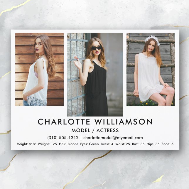 Convite Modelo de Ator Comp Card 5x7 Wht 3 Photo (Available in high quality print or digital download for quick messaging, email or self printing.)