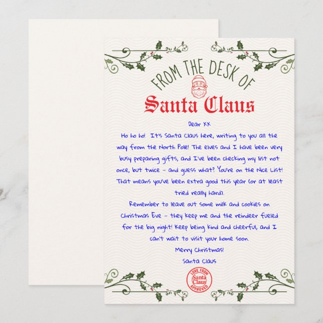 Convite Modelo de Carta de Papai Noel Editável Imprimível (Frente/Verso)