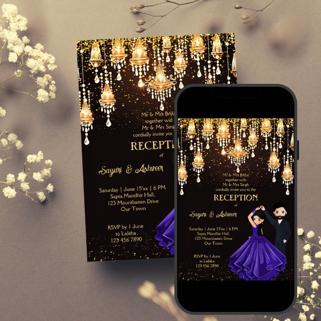 Convite Modelo de casal chique para dança na Índia (Dancing Indian couple chic wedding reception template invitation digital download gold glitter)