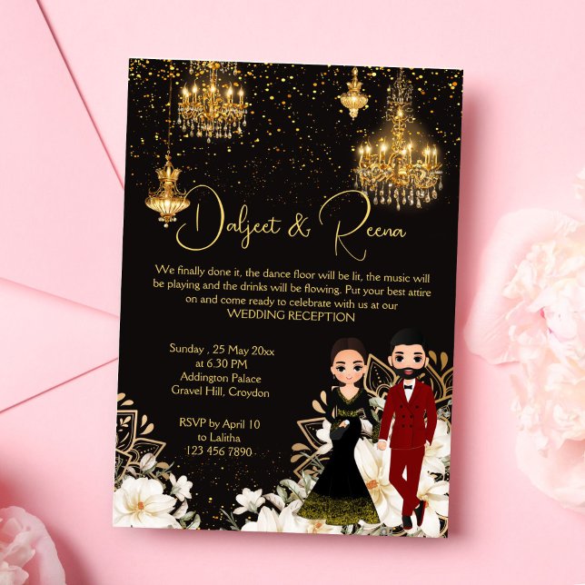 Convite Modelo de casal chique para dança na Índia (Dancing Indian couple caricature chic reception invitation editable template digital download)