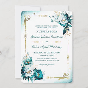 Convite Modelo de Casamento Azul Claro e Dourado