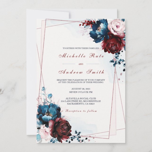 Convite Modelo de Casamento Azul Marinho Burgundy e Dourad (Frente)