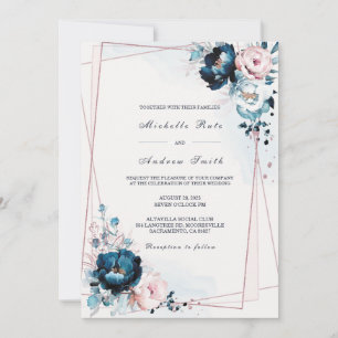 Convite Modelo de Casamento Azul Marinho e Dourado Rosa