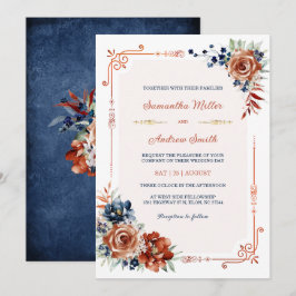 Convite Modelo de Casamento Azul Naval e Laranja Queimado