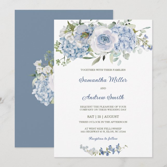 Convite Modelo de Casamento Azul Poeirento Elegante (Frente/Verso)