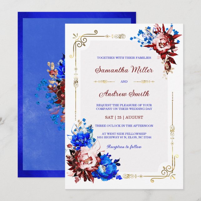 Convite Modelo de Casamento Azul Real e Borgonha (Frente/Verso)