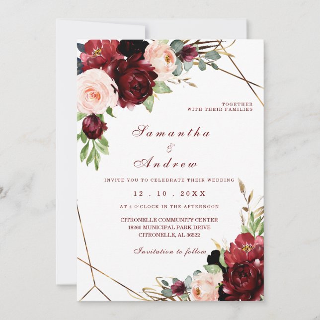 Convite Modelo de Casamento Burgundy e Blush (Frente)