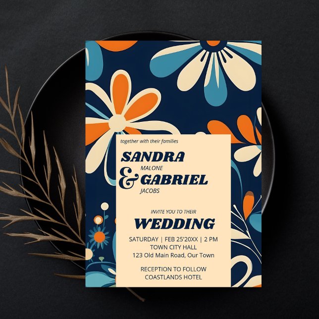 Convite Modelo de casamento das flores de margarida de árv (Retro 70ies teal blue daisy flowers editable template wedding invitation digital download)