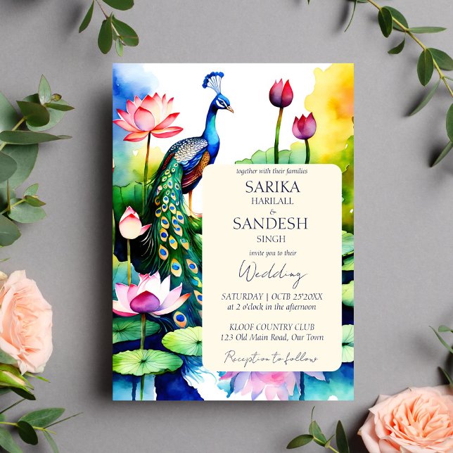 Convite Modelo de casamento das flores de peacock lotus (Peacock lotus flowers wedding editable template invitation instant digital download watercolor pond)