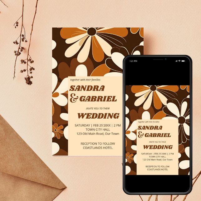 Convite Modelo de casamento das flores de terracotta dos a (Retro 70ies terracotta brown daisy flowers editable template wedding invitation digital download )