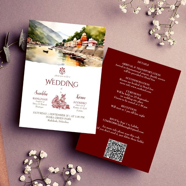 Convite Modelo de casamento de destino indiano de Rishikes (Rishikesh Indian destination wedding editable template invitation digital download modern watercolor)