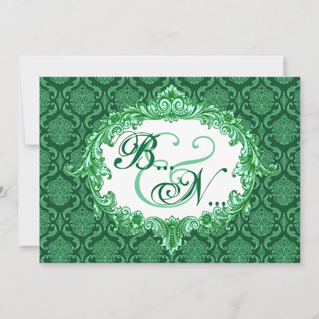 Convite Modelo de Casamento de Kelly Green Damask Monogram (Frente)