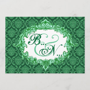 Convite Modelo de Casamento de Kelly Green Damask Monogram