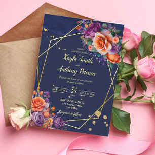 Convite modelo de casamento de rosas roxas marinhos de lar