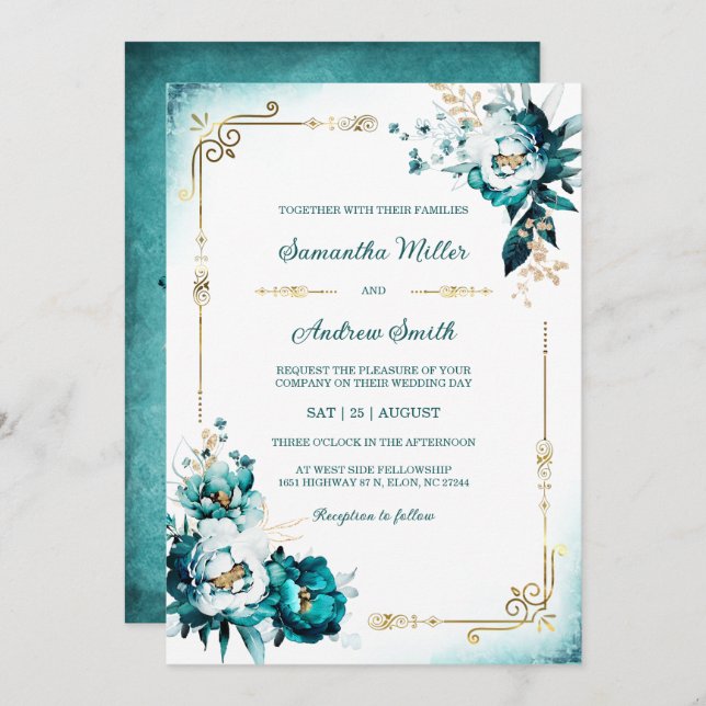 Convite Modelo de Casamento Dourado e Teal (Frente/Verso)