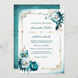 Convite Modelo de Casamento Dourado e Teal