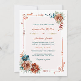 Convite Modelo de Casamento Dourado Laranja Teal e Queimad