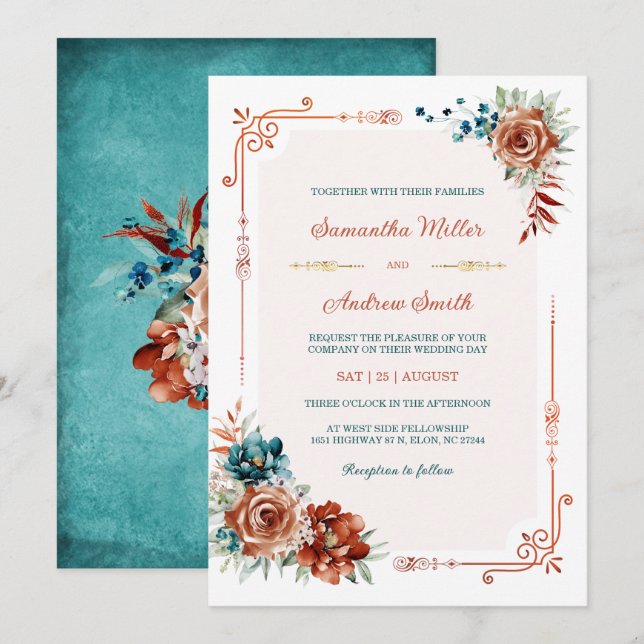 Convite Modelo de Casamento em Dourado Turquesa e Laranja  (Frente/Verso)