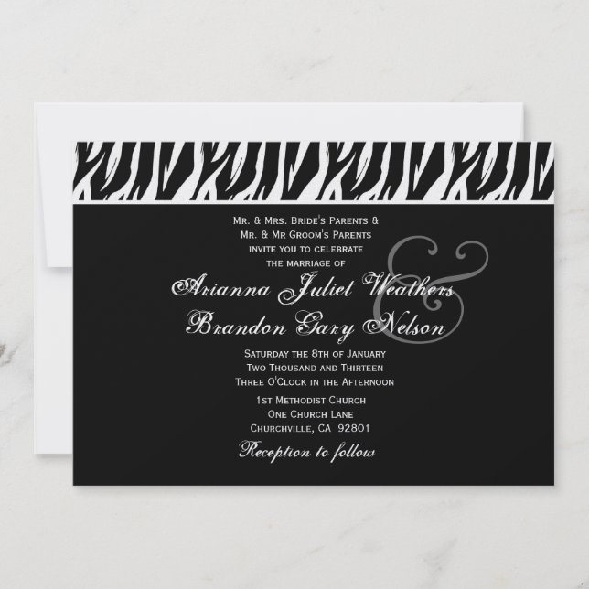Convite Modelo de Casamento Horizontal de Zebra Branca Neg (Frente)
